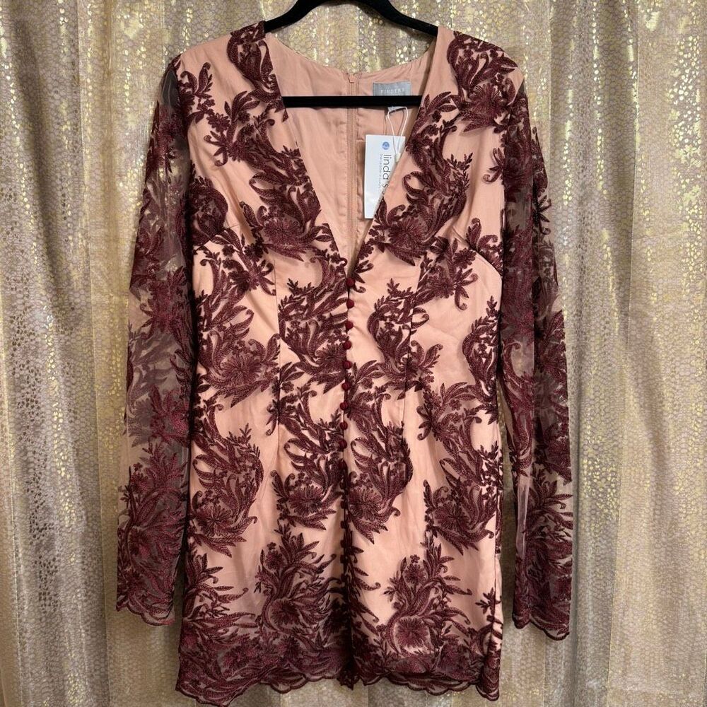 Finders Burgundy Lace Illusion Long Sleeve Button Front Romantic Mini Dress Larg